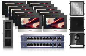 Zestaw wideodomofonowy IP Hikvision 12x monitor DS-KH6320-WTE1/EU czarny, panel podtynkowy, klawiatura, czytnik