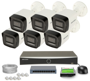 Zestaw do monitoringu 6x DS-2CD1043G2-LIU, DS-7608NXI-K1(D) 4 Mpx 2.8mm, IR 30m Smart Hybrid Light Inteligentna detekcja Hikvision