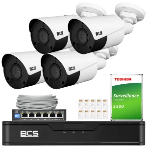Zestaw monitoringu 4 kamery 5Mpx BCS-P-TIP15FSR5-AI IR 50m, Rejestrator, dysk, switch PoE