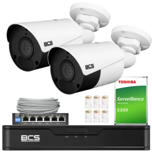 Zestaw monitoringu 2 kamery 5Mpx BCS-P-TIP15FSR5-AI IR 50m, Rejestrator, dysk, switch PoE