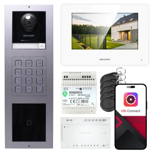 Wideodomofon 2-żyłowy Hikvision 1x monitor DS-KH6320Y-WTE2 biały, panel podtynkowy, klawiatura, czytnik