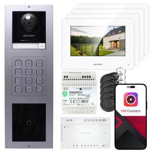 Wideodomofon 2-żyłowy Hikvision 4x monitor DS-KH6320Y-WTE2 biały, panel podtynkowy, klawiatura, czytnik