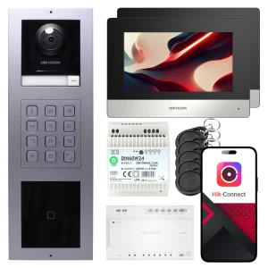 Wideodomofon 2-żyłowy Hikvision 2x monitor DS-KH6320Y-WTE2 czarny, panel podtynkowy, klawiatura, czytnik