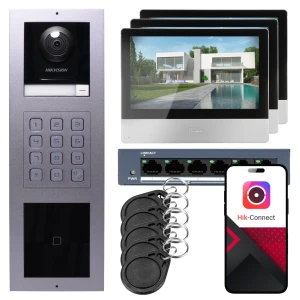 Wideodomofon IP Hikvision 3x monitor DS-KH8350-WTE1, natynkowy, panel, klawiatura, czytnik