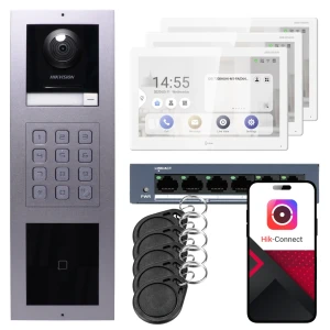Wideodomofon IP Hikvision 3x monitor DS-KH9510-WTE1(B), podtynkowy, panel, klawiatura, czytnik