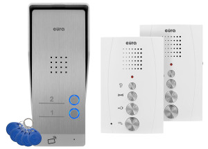 Domofon EURA ADP-62A3 - biały, dwurodzinny, głośnomówiący, obsługa 2 wejść, czytnik RFID