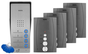 Domofon EURA ADP-64A3 - grafitowy, czterorodzinny, głośnomówiący, obsługa 2 wejść, czytnik RFID
