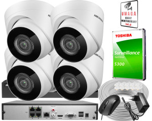 Zestaw czterech kamer IP DS-2CD1341G0-I/PL 4 Mpx, rejestrator NVR-4CH-4MP/4P Hikvision