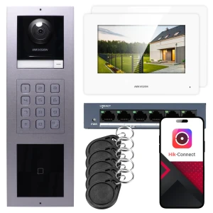 Wideodomofon IP Hikvision 2x monitor DS-KH6320-WTE1-W, podtynkowy, panel, klawiatura, czytnik