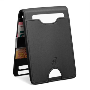 Męski czarny portfel slim z RFID na karty i monety z naturalnej skóry z klipsem na banknoty | Smart Wallet