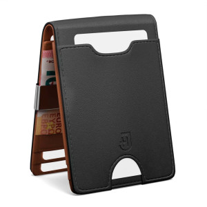 Męski czarny portfel slim z RFID na karty i monety z naturalnej skóry z klipsem na banknoty | Smart Wallet