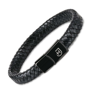 Męska bransoletka skórzana pleciona z metalowym zapięciem z logo czarna L | Leather Bracelet