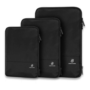 Zestaw trzech czarnych kompresyjnych
organizerów na odzież do walizki lub plecaka kostki do pakowania
podróżnego | Packing Cubes