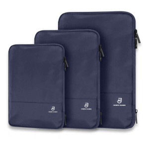 Zestaw trzech granatowych kompresyjnych
organizerów na odzież do walizki lub plecaka kostki do pakowania
podróżnego | Packing Cubes