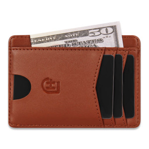 Męski skórzany portfel slim z przezroczystą kieszenią na zdjęcie i ochroną RFID jasnobrązowy | Zip Wallet