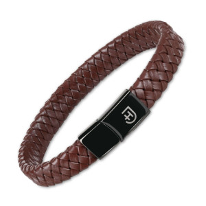 Męska bransoletka skórzana pleciona z metalowym zapięciem z logo brązowa S | Leather Bracelet