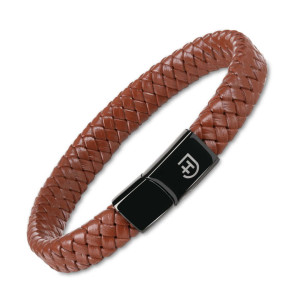 Męska bransoletka skórzana pleciona z metalowym zapięciem z logo jasnobrązowa S | Leather Bracelet