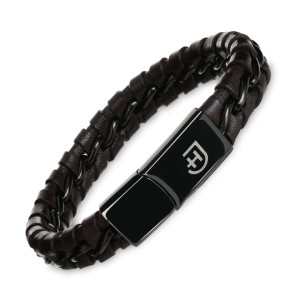 Męska skórzana pleciona bransoletka z czarnym przeszyciem z metalowym zapięciem z logo elegancka czarna S | Braid Bracelet