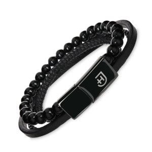 Bransoletka męska 4-częściowa bransoletka z trzema elementami skórzanymi i kamieniami z czarnego onyksu z metalowym zapięciem z logo czarna S | Stack Bracelet