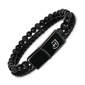 Męska bransoletka 2-częściowa z plecioną skórą i kamieniami z metalowym zapięciem z logo elegancka czarna M | Stone Bracelet