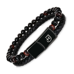 Męska bransoletka 2-częściowa z plecioną skórą i kamieniami z metalowym zapięciem z logo elegancka brązowa S | Stone Bracelet