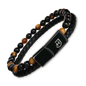 Męska bransoletka 2-częściowa z plecioną skórą i kamieniami z metalowym zapięciem z logo elegancka jasnobrązowa S | Stone Bracelet