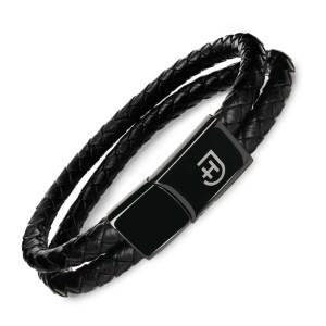 Męska 2-częściowa bransoletka z plecionej skóry z metalowym zapięciem z logo elegancka czarna S | Double Bracelet