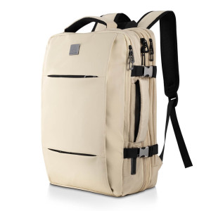 Rozszerzany jasnobeżowy kabinowy plecak podróżny do samolotu 40x30x20 na laptopa z wbudowaną kosmetyczką | Travel Backpack