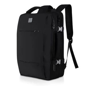 Rozszerzany czarny kabinowy plecak podróżny do samolotu 40x30x20 na laptopa z wbudowaną kosmetyczką | Travel Backpack