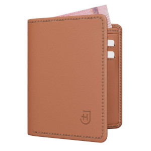Męski klasyczny portfel bifold z magnesowym zamknięciem ze skóry naturalnej z RFID na banknoty karty bilon monety pionowy jasnobrązowy | Classic Wallet