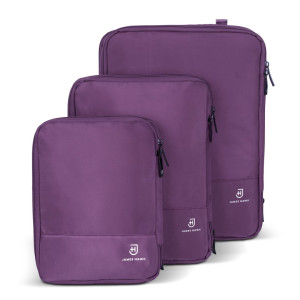 Zestaw trzech fioletowych kompresyjnych
organizerów na odzież do walizki lub plecaka kostki do pakowania
podróżnego | Packing Cubes