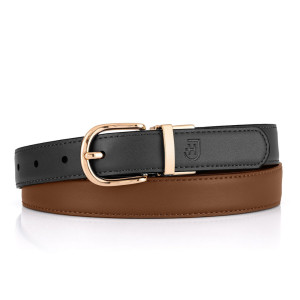 Dwustronny damski pasek ze złotą klamrą, naturalna skóra i elegancka złota klamra, 100cm, czarny / jasnobrązowy | Dual Belt
