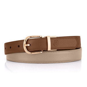 Dwustronny damski pasek ze złotą klamrą, naturalna skóra i elegancka złota klamra, 100cm, szarobrązowy / jasnobrązowy | Dual Belt