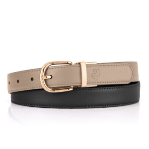Dwustronny damski pasek ze złotą klamrą, naturalna skóra i elegancka złota klamra, 100cm, czarny / szarobrązowy | Dual Belt