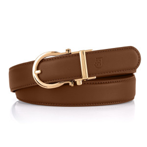 Damski skórzany pasek z automatyczną, elegancką złotą klamrą i mikroregulacją, na prezent, 100cm, jasnobrązowy | Glide Belt