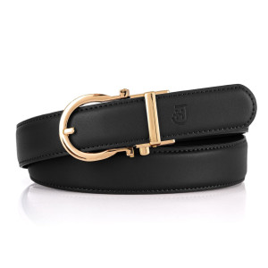 Damski skórzany pasek z automatyczną, elegancką złotą klamrą i mikroregulacją, na prezent, 100cm, czarny | Glide Belt