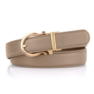 Damski skórzany pasek z automatyczną, elegancką złotą klamrą i mikroregulacją, na prezent, 100cm, szarobrązowy | Glide Belt