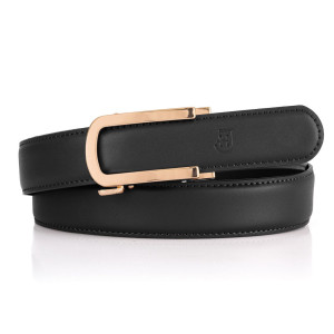 Automatyczny pasek damski z mikroregulacją z naturalnej skóry z elegancką złotą klamrą, opakowanie prezentowe, 100cm, czarny | Motion Belt
