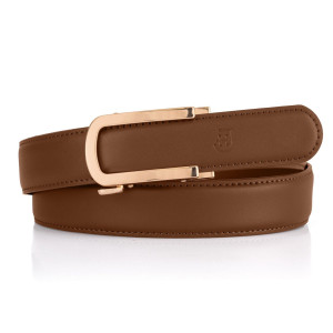 Automatyczny pasek damski z mikroregulacją z naturalnej skóry z elegancką złotą klamrą, opakowanie prezentowe, 100cm, jasnobrązowy | Motion Belt