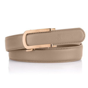 Automatyczny pasek damski z mikroregulacją z naturalnej skóry z elegancką złotą klamrą, opakowanie prezentowe, 100cm, szarobrązowy | Motion Belt