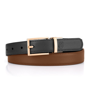 Damski skórzany pasek dwustronny z elegancką, złotą, obracaną klamrą, uniwersalny rozmiar, na prezent, 100cm, czarny / jasnobrązowy | Versa Belt