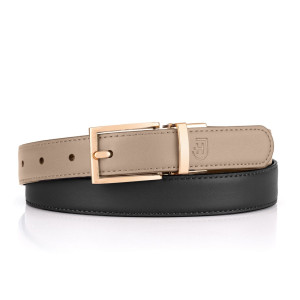 Damski skórzany pasek dwustronny z elegancką, złotą, obracaną klamrą, uniwersalny rozmiar, na prezent, 100cm, czarny / szarobrązowy | Versa Belt