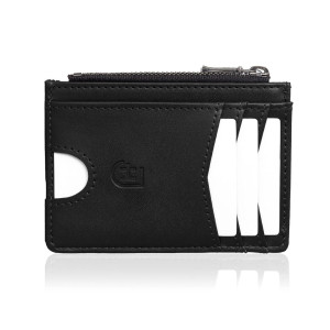 Męski skórzany portfel slim z RFID, z przezroczystą kieszenią na zdjęcie i zamkami YKK, czarny | Zip Wallet