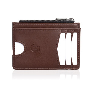 Męski skórzany portfel slim z RFID, z przezroczystą kieszenią na zdjęcie i zamkami YKK, brązowy | Zip Wallet