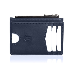 Męski skórzany portfel slim z RFID, z przezroczystą kieszenią na zdjęcie i zamkami YKK, granatowy | Zip Wallet