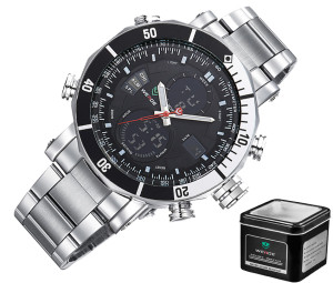 DUŻY Zegarek męski WEiDE WH5203 LCD+ANALOG STAL/GUMA