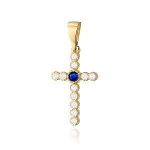 Złota zawieszka wisiorek krzyż Szafir 0,15ct żółte złoto pr. 585