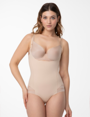 Body z siateczką - 119 Mesh Body Open Bust - body wyszczuplające pod biust - beżowe