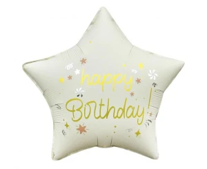 Balon foliowy Happy Birthday, gwiazda matowa biała 18"