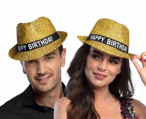 Kapelusz Happy Birthday błyszczący złoty